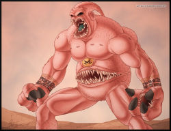 Rule 34 | black sclera, chest mouth, colored sclera, colored skin, dragon ball, dragonball z, fangs, hand mouth, majin buu, muscular, no humans, nude, open mouth, pink skin, red eyes, signature, solo, stomach mouth, super buu, tattoo