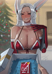 absurdres animal_ears blurry boku_no_hero_academia bra breasts christmas_tree dark-skinned_female dark_skin depth_of_field gift highres large_breasts looking_at_viewer mirko open_box pov rabbit_ears ratatatat74 red_bra sweat underwear white_hair