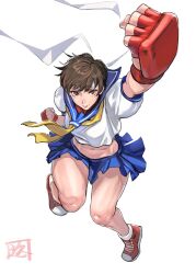 Rule 34 | 1girl, blue skirt, brown eyes, brown hair, clenched hands, fingerless gloves, from above, gloves, headband, highres, juaag acgy, kasugano sakura, red footwear, red gloves, school uniform, shirt, shoes, skirt, sneakers, solo, street fighter, thighs, white background, white headband, white shirt