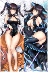 Rule 34 | 1girl, ass, bare shoulders, black dress, black gloves, black headwear, black thighhighs, blue eyes, blunt bangs, blush, breasts, center opening, china dress, chinese clothes, cleavage, dakimakura (medium), detached sleeves, dress, elbow gloves, fate/grand order, fate (series), gloves, hair ornament, highres, large breasts, leaf hair ornament, legs, long hair, looking at viewer, purple hair, rei kun, side slit, sidelocks, smile, thighhighs, thighs, twintails, very long hair, yang guifei (fate), yang guifei (second ascension) (fate), yang guifei (third ascension) (fate)