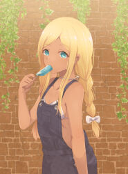 Rule 34 | 1girl, absurdres, alternate hairstyle, aqua eyes, bare shoulders, bikini, bikini top only, blonde hair, bow, braid, breasts, brick wall, cleavage, collarbone, cowboy shot, dark-skinned female, dark skin, eating, food, from side, hair bow, hair ribbon, hand up, highres, holding, holding food, holding popsicle, idolmaster, idolmaster cinderella girls, idolmaster cinderella girls starlight stage, layla (idolmaster), long hair, looking at viewer, low twintails, overalls, plant, popsicle, ribbon, ryuu., small breasts, solo, standing, swimsuit, twin braids, twintails, vines, white bikini, white ribbon