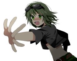 Rule 34 | 1girl, absurdres, goggles, goggles on head, green eyes, green hair, gumi, highres, marirero a, matching hair/eyes, midriff, short hair, solo, transparent background, vocaloid