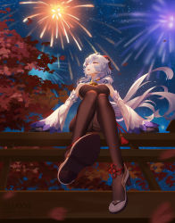 Rule 34 | 1girl, absurdres, bell, black gloves, black pantyhose, blue hair, bow, breasts, detached sleeves, fireworks, from below, ganyu (genshin impact), genshin impact, gloves, gold trim, high heels, highres, horns, long hair, looking at another, looking to the side, low ponytail, medium breasts, neck bell, night, night sky, open mouth, pantyhose, purple eyes, sitting, sky, smile, solo, star (sky), starry sky, tassel, thighlet, thighs, tree, very long hair, white sleeves, wide sleeves, yunduan