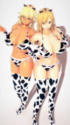 Rule 34 | 2girls, 3d, animal print, bell, blonde hair, breasts, choker, cleavage, cow print, cowbell, highres, huge breasts, large breasts, multiple girls, neck bell, smile, tagme, thighhighs