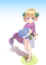 Rule 34 | 1girl, 1other, absurdres, barefoot, belt pouch, blonde hair, blue eyes, blunt bangs, blush, bow, bow panties, breasts, cape, child, clothes lift, commentary request, dragon quest, dress, dress lift, ear piercing, full body, green bow, hair bow, hero&#039;s daughter (dq5), highres, lifted by self, paid reward available, panties, piercing, pink panties, pouch, purple cape, red bow, short hair, slime (creature), slime (dragon quest), small breasts, small fry (dragon quest), solo, standing, sword, tenjou ryuka, toes, underwear, variant set, weapon, white dress