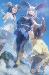 Rule 34 | 10s, 3girls, :d, arm at side, bald eagle (kemono friends), belt, bird tail, bird wings, black belt, black footwear, black jacket, black legwear, black necktie, blazer, blonde hair, blue skirt, blue sky, blurry, bokeh, boots, brown hair, buttons, cloud, day, depth of field, eyelashes, feathered wings, feet out of frame, floating hair, flying, from side, full body, gloves, gradient footwear, gradient hair, green eyes, grey hair, hair between eyes, hand on own hip, hand up, head wings, highres, horizontal-striped legwear, jacket, kemono friends, leg lift, lens flare, light brown hair, lips, long hair, looking at another, looking away, medium hair, military, military jacket, military uniform, mountain, multicolored boots, multicolored hair, multiple girls, necktie, no lineart, northern goshawk (kemono friends), open hand, open mouth, outdoors, pantyhose, peregrine falcon (kemono friends), pleated skirt, profile, short hair, sidelocks, skirt, sky, sleeve cuffs, smile, striped clothes, striped legwear, striped necktie, striped neckwear, striped pantyhose, striped skirt, tail, teeth, tsurime, tunapon01, turtleneck, two-tone footwear, two-tone hair, uniform, upper teeth only, white belt, white gloves, white hair, white jacket, white legwear, wind, wings, yellow eyes, yellow footwear, yellow jacket