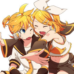 Rule 34 | 1boy, 1girl, ;o, arm tattoo, armpits, bare shoulders, belt, blonde hair, blue eyes, blush, bow, breasts, brother and sister, detached sleeves, fang, glomp, hair bow, hair ornament, hairclip, headphones, headset, hug, hug from behind, imminent hug, kagamine len, kagamine rin, midriff, navel, necktie, number tattoo, one eye closed, open mouth, reki (arequa), sailor collar, short hair, shorts, siblings, sideboob, small breasts, sweatdrop, tattoo, twins, vocaloid, yellow neckwear