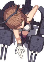 Rule 34 | 1girl, absurdres, anchor, bare shoulders, blowing kiss, breasts, brown hair, chain, flipped hair, from above, gloves, green eyes, headgear, highres, kantai collection, karasuma kuraha, large breasts, mutsu (kancolle), red legwear, rigging, shadow, short hair, simple background, smokestack, solo, turret, white background, white gloves