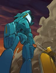 Rule 34 | absurdres, canti, commentary request, feet out of frame, flcl, highres, humanoid robot, motor vehicle, no humans, orange sky, purple sky, robot, satodesu cookie, scooter, sky, standing, sunset, vespa