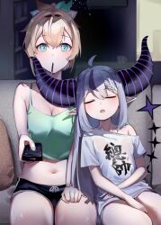 Rule 34 | 2girls, ahoge, alternate costume, aqua eyes, asymmetrical hair, black shorts, blonde hair, blush, braid, braided bangs, breasts, camisole, casual, cleavage, closed mouth, commentary request, controller, couch, dated, demon horns, donggua bing cha, english text, feet out of frame, food, food in mouth, green camisole, green nails, grey hair, hair between eyes, hair ornament, highres, holding, holding remote control, hololive, horns, kazama iroha, la+ darknesss, leaf hair ornament, leaning on person, long hair, looking at viewer, medium breasts, midriff, multicolored hair, multiple girls, nail polish, navel, open mouth, pocky, pocky in mouth, pointy ears, purple hair, remote control, shirt, short hair, short shorts, short sleeves, shorts, single bare shoulder, single braid, sitting, sleeping, sleeping on person, sleeveless, small breasts, streaked hair, striped horns, t-shirt, textless version, thighs, virtual youtuber, white shirt