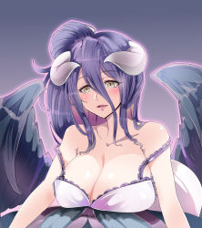 Rule 34 | 1041 (toshikazu), 1girl, ahoge, albedo (overlord), babydoll, bare shoulders, black hair, black wings, breast rest, breasts, cleavage, demon girl, demon horns, folded ponytail, frills, hair between eyes, hair bun, hair up, highres, horns, large breasts, long hair, looking at viewer, nightgown, off shoulder, overlord (maruyama), purple background, simple background, single hair bun, slit pupils, smile, solo, spaghetti strap, strap slip, wings, yellow eyes