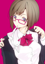 Rule 34 | 10s, 1girl, animal ears, bow, bowtie, brown hair, cat ears, commentary request, fake animal ears, glasses, green eyes, idolmaster, idolmaster cinderella girls, jacket, maekawa miku, mouth hold, nilitsu, purple background, red-framed eyewear, red bow, red bowtie, school uniform, shirt, short hair, simple background, solo, undressing, upper body, white shirt