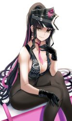 Rule 34 | 1girl, bare shoulders, bikini, black bikini, black gloves, black hair, black hat, blush, bodystocking, breasts, cleavage, closed mouth, covered navel, earrings, facial mark, fate/grand order, fate (series), fingerless gloves, forehead mark, gloves, halterneck, hat, highres, jewelry, large breasts, long hair, looking at viewer, multicolored hair, necktie, nicky w, parted bangs, pink hair, pink necktie, police hat, ponytail, sessyoin kiara, sessyoin kiara (swimsuit mooncancer), sessyoin kiara (swimsuit mooncancer) (second ascension), sitting, smile, solo, streaked hair, swimsuit, thighs, very long hair, white background, yellow eyes