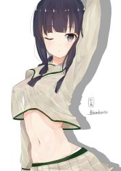 Rule 34 | 10s, 1girl, absurdres, arm at side, arm up, bad id, bad twitter id, between breasts, black eyes, black hair, blunt bangs, braid, breasts, covered erect nipples, crop top, crop top overhang, highres, hime cut, kantai collection, kitakami (kancolle), long hair, looking at viewer, medium breasts, midriff, miniskirt, navel, necktie, necktie between breasts, one eye closed, open mouth, pleated skirt, remodel (kantai collection), school uniform, serafuku, shimohasira, sidelocks, single braid, skirt, solo, twitter username, upper body, wet, wet clothes, white necktie