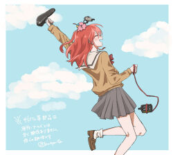 Rule 34 | 1girl, arm up, bicycle pedal, bicycle seat, blue sky, blush, bocchi the rock!, border, bow, bowtie, brown footwear, brown shirt, closed eyes, cloud, facing away, foot out of frame, foot up, from side, gotoh hitori, gotoh hitori (octopus), grey skirt, hair between eyes, highres, holding, holding string, huzya ta, kita ikuyo, loafers, long hair, long sleeves, multiple girls, one side up, open mouth, outside border, outstretched arm, red bow, red bowtie, red hair, sailor collar, school uniform, shirt, shoes, shuka high school uniform, sidelocks, signature, skirt, sky, smile, solo, string, string of fate, translation request, v-shaped eyebrows, white border, white sailor collar