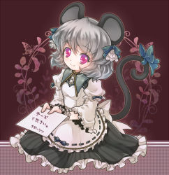 Rule 34 | 1girl, alternate costume, animal ears, apron, blush, bow, female focus, frills, grey hair, hair ornament, iris anemone, long sleeves, mouse ears, mouse tail, nazrin, puffy sleeves, red eyes, short hair, smile, solo, tail, touhou, translation request, wide sleeves