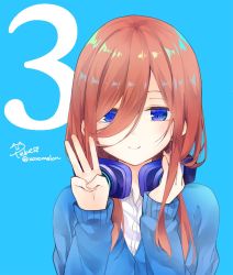 Rule 34 | 1girl, artist name, blue background, blue cardigan, brown hair, cardigan, commentary request, go-toubun no hanayome, hair between eyes, hand on headphones, headphones, headphones around neck, long hair, long sleeves, looking at viewer, nakano miku, peke (xoxopeke), shirt, simple background, smile, solo, twitter username, upper body, w, white shirt