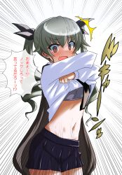 Rule 34 | 1girl, @ @, ^^^, anchovy (girls und panzer), anzio school uniform, black cape, black necktie, black ribbon, blue skirt, blush, bra, brown eyes, cape, clothes lift, commentary, cowboy shot, dress shirt, drill hair, emphasis lines, fang, frown, girls und panzer, green hair, grey bra, hair ribbon, highres, konachiri, lifting own clothes, long hair, looking at viewer, miniskirt, navel, necktie, open mouth, pleated skirt, ribbon, school uniform, shirt, shirt lift, skin fang, skirt, solo, standing, sweatdrop, translated, twin drills, twintails, underwear, undressing, white shirt