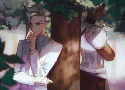 Rule 34 | 2boys, arm across chest, armor, back-to-back, bad id, bad lofter id, belt, blurry, brown pants, clenched hand, closed eyes, dappled sunlight, dark skin, day, depth of field, earth (yu-gi-oh! vrains), evil smile, facing away, foliage, forest, green hair, hair over one eye, hand up, high collar, highres, jacket, leaf, looking to the side, male focus, multiple boys, naoki (2rzmcaizerails6), nature, outdoors, pants, pauldrons, personification, short hair, shoulder armor, smile, spiked hair, sunlight, tree, upper body, white belt, white hair, white jacket, windy (yu-gi-oh! vrains), yu-gi-oh!, yu-gi-oh! vrains