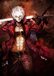 Rule 34 | 1boy, 1girl, abs, back-to-back, bad id, bad nicoseiga id, banpai akira, bat wings, belt, capcom, crossover, dante (devil may cry), devil may cry, devil may cry (series), devil may cry 3, force edge, grey eyes, grin, groin, highres, jacket, light purple hair, looking at viewer, navel, open belt, open clothes, open jacket, over shoulder, pants, remilia scarlet, short hair, smile, sword, touhou, weapon, weapon over shoulder, white hair, wings
