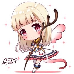 Rule 34 | 1girl, bare shoulders, blonde hair, blunt bangs, blush, boots, chibi, closed mouth, commentary request, copyright request, dress, facial mark, frilled dress, frills, gloves, head tilt, highres, holding, holding staff, knee boots, long hair, looking at viewer, mini wings, nyano21, pink wings, red eyes, shadow, sleeveless, sleeveless dress, smile, solo, sparkle, staff, star (symbol), tail, thighhighs, white background, white dress, white footwear, white gloves, white thighhighs, wings
