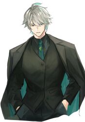 Rule 34 | 1boy, ahoge, alhaitham (genshin impact), alternate costume, black pants, black shirt, black vest, blue eyes, blue hair, blue jacket, blue necktie, buttons, closed mouth, collared jacket, collared shirt, crystal, formal, genshin impact, grey hair, hair between eyes, hands in pockets, highres, jacket, jewelry, long sleeves, looking down, male focus, multicolored clothes, multicolored hair, multicolored jacket, necktie, open clothes, open jacket, pants, pocket, shirt, short hair, simple background, solo, sora2396, standing, suit, teeth, two-tone hair, two-tone jacket, vest, white background