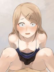 Rule 34 | 10s, 1boy, 1girl, black eyes, blush, breasts, brown hair, camisole, censored, clothes lift, cowgirl position, dagashi kashi, downblouse, ear piercing, earrings, endou saya, extended downblouse, girl on top, hair ornament, hairclip, hetero, jewelry, mosaic censoring, nipples, no bra, no panties, norupaa, piercing, pov, sex, skirt, skirt lift, small breasts, solo focus, straddling, vaginal, wavy mouth, wide-eyed