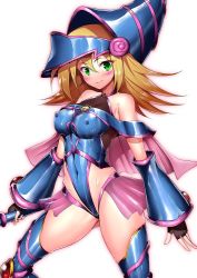 Rule 34 | 1girl, bare shoulders, blonde hair, blue leotard, blue thighhighs, blush stickers, breasts, c-low, commentary request, covered erect nipples, covered navel, dark magician girl, duel monster, fingerless gloves, fishnets, gloves, green eyes, hat, highleg, highleg leotard, hip vent, impossible clothes, leotard, medium breasts, shiny clothes, shiny skin, simple background, skin tight, skirt, solo, taimanin (series), taimanin suit, thighhighs, white background, wizard hat, yu-gi-oh!, yu-gi-oh! duel monsters