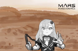 Rule 34 | 1girl, asymmetrical bangs, bright pupils, choker, closed mouth, collarbone, derivative work, english text, fighting stance, hands up, highres, holding, holding nunchaku, holding weapon, insect hair ornament, long hair, mars (planet), matangom, matangomu-chan, muscular, neckerchief, nunchaku, original, outdoors, outstretched hand, parody, pillbug, sailor collar, short sleeves, smile, solo, torn clothes, torn sleeves, upper body, weapon, wrist guards