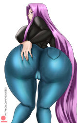 Rule 34 | 1girl, ass, ass focus, ass grab, breasts, cameltoe, deep skin, denim, fate/stay night, fate (series), from behind, glasses, highres, huge ass, huge breasts, jeans, long hair, looking at viewer, medusa (fate), medusa (rider) (fate), nexus sig, pants, purple eyes, purple hair, shiny clothes, sideboob, skin tight, smile, solo, very long hair