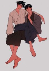 Rule 34 | 2boys, absurdres, barefoot, black hair, blue hakama, commentary request, eyelashes, father and son, feet, full body, fushiguro megumi, fushiguro touji, green eyes, hair between eyes, hakama, hakama skirt, hand on own chin, head tilt, highres, japanese clothes, jujutsu kaisen, kimono, li chestnuts, long sleeves, looking at viewer, male focus, mature male, multiple boys, parted lips, scar, scar on face, scar on mouth, short hair, simple background, sitting, sitting on lap, sitting on person, skirt, smile, spiked hair, teeth, wide sleeves