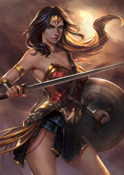 Rule 34 | 1girl, armlet, armor, armpits, bare shoulders, black hair, blue eyes, bracer, cowboy shot, dc comics, image sample, lasso, lasso of truth, looking at viewer, parted lips, pteruges, shield, skirt, solo, strap, strapless, superhero costume, sword, tiara, weapon, wonder woman, wonder woman (series), x.four