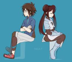 Rule 34 | 1boy, 1girl, bad id, bad pixiv id, nate (pokemon), blue background, breasts, brown eyes, brown hair, creatures (company), crossed arms, double bun, english text, closed eyes, full body, game freak, gloves, crossed legs, legs together, long hair, long sleeves, looking away, luo-qin, nate (pokemon), nintendo, pokemon, pokemon adventures, rosa (pokemon), shoelaces, shoes, simple background, sitting, small breasts, team plasma, team plasma uniform, twintails, rosa (pokemon), zipper