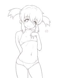 Rule 34 | 1girl, closed mouth, greyscale, heart, kiikii (kitsukedokoro), looking at viewer, monochrome, navel, short hair, simple background, smile, solo, souffle rosetti, star ocean, star ocean till the end of time, swimsuit, twintails, white background