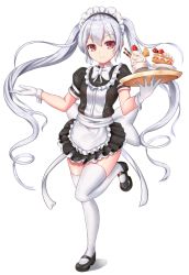 Rule 34 | 1boy, absurdly long hair, cake, commission, food, gloves, grey hair, holding, holding tray, long hair, looking at viewer, maid, maid headdress, male focus, original, puffy short sleeves, puffy sleeves, red eyes, rommeling, short sleeves, solo, thighhighs, trap, tray, twintails, very long hair, white gloves, white thighhighs