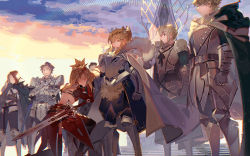 Rule 34 | 3girls, 4boys, agravain (fate), armor, artoria pendragon (fate), artoria pendragon (lancer) (fate), back, bedivere (fate), black legwear, blonde hair, bow, braid, brown hair, cape, commentary request, crown, detached sleeves, fate/grand order, fate (series), french braid, gauntlets, gawain (fate), hair ornament, hair scrunchie, kawacy, kneeling, lancelot (fate/grand order), mordred (fate), mordred (fate/apocrypha), mother and daughter, multiple boys, multiple girls, on one knee, outdoors, pauldrons, ponytail, red bow, red scrunchie, scrunchie, shoulder armor, shoulder plates, standing, sword, tagme, thighhighs, tristan (fate), v-shaped eyebrows, weapon