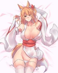 Rule 34 | 1girl, animal ear fluff, animal ears, arms up, bare shoulders, bed, bed sheet, blush, bow, breasts, brown eyes, cleavage, closed mouth, clothing aside, collarbone, commentary request, detached sleeves, fox ears, fox girl, fox tail, from above, hair between eyes, hair bow, hair ornament, japanese clothes, large breasts, long hair, looking at viewer, lying, navel, nipple slip, nipples, obi, on back, orange hair, original, panties, panties aside, red bow, red sash, sash, sawaya (mizukazu), simple background, solo, tail, thighhighs, underwear, white panties, white thighhighs, wide sleeves