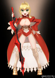 Rule 34 | 10s, 1girl, :d, aestus estus, ahoge, armor, artist logo, artist name, black background, blonde hair, breasts, cleavage, cleavage cutout, clothing cutout, commission, cowfee, dress, fate/extra, fate (series), full body, gradient background, greaves, green eyes, hair intakes, hair ribbon, hand on own hip, highres, juliet sleeves, large breasts, legs apart, long sleeves, looking at viewer, nero claudius (fate), nero claudius (fate) (all), nero claudius (fate/extra), open clothes, open dress, open mouth, puffy sleeves, red dress, red ribbon, ribbon, short hair, simple background, smile, solo, standing, sword, weapon, wide sleeves
