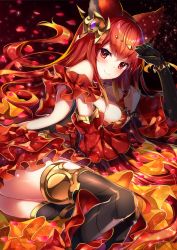Rule 34 | 1girl, absurdres, animal ears, anthuria, backless outfit, bad id, bad pixiv id, bare shoulders, black thighhighs, blush, breasts, detached sleeves, dress, erune, granblue fantasy, hair ornament, highres, homaderi, looking at viewer, medium breasts, petals, red dress, red eyes, red hair, smile, solo, thighhighs