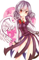 Rule 34 | 1girl, absurdres, bow, bowtie, clenched hand, cowboy shot, dress, hand on own chin, head rest, highres, kishin sagume, long sleeves, looking at viewer, minomushi (mino kkgt), no panties, open mouth, purple dress, purple skirt, red eyes, shirt, short hair, simple background, single wing, skirt, solo, touhou, white background, white hair, wings
