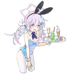 Rule 34 | 1girl, ahoge, alternate costume, animal ears, bare shoulders, blue archive, blush, cup, detached collar, drinking glass, fake animal ears, food, halo, holding, holding tray, ice cream, leaning forward, leotard, looking at viewer, low twintails, multicolored hair, open mouth, osakanadream, pantyhose, pink hair, purple eyes, rabbit ears, rabbit tail, reisa (blue archive), simple background, solo, strapless, strapless leotard, sweatdrop, tail, tray, twintails, two-tone hair, wrist cuffs
