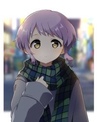 Rule 34 | 1girl, blurry, blurry background, checkered clothes, checkered scarf, coat, commentary request, dot nose, expressionless, green scarf, grey coat, hand up, highres, idolmaster, idolmaster million live!, long sleeves, looking at viewer, makabe mizuki, night, outdoors, purple hair, road, scarf, short hair, sidelocks, solo, street, toro (shiro), upper body, wavy hair, wide sleeves, yellow eyes