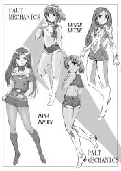 Rule 34 | 4girls, boots, earrings, greyscale, hair ornament, headband, highres, jewelry, knee boots, long hair, looking at viewer, looking back, miniskirt, monochrome, moriguchi nao (naonao), multiple girls, original, pantyhose, short hair, short shorts, shorts, skirt, smile, standing