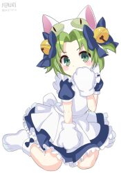 1girl absurdres animal_ears animal_hands animal_hat apron back_bow bell blush_stickers bow cat_ears cat_hat commentary covering_own_mouth dejiko di_gi_charat dress fake_animal_ears footwear_bow frilled_dress frills full_body gloves green_eyes green_hair hair_bell hair_bow hair_ornament hat highres looking_at_viewer maid n3moni paw_gloves paw_shoes short_hair short_sleeves simple_background sitting solo twintails wariza white_background