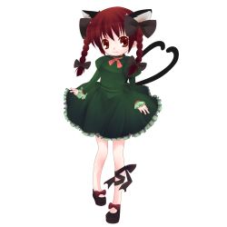 Rule 34 | 1girl, :3, animal ears, bad id, bad pixiv id, braid, cat ears, cat girl, cat tail, dress, female focus, full body, hair ribbon, highres, kaenbyou rin, kaneda (pincc), multiple tails, pincc, red eyes, red hair, ribbon, shoes, short hair, simple background, solo, standing, tail, touhou, twin braids, twintails, white background