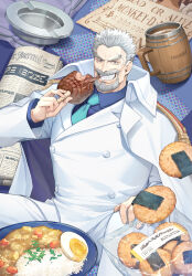 Rule 34 | 1boy, ashtray, beard, beer mug, coat, coat on shoulders, cup, curry, eating, egg (food), facial hair, food, grey eyes, grey hair, holding, holding food, jacket, male focus, meat, monkey d. garp, monkey d. luffy, mug, newspaper, old, old man, one piece, pants, plate, poster (object), rice, scar, scar on face, short hair, softboiled egg, solo, teeth, white coat, white jacket, white pants, yoshicha