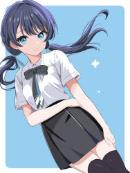 Rule 34 | 1girl, arm under breasts, black skirt, black thighhighs, blue background, blue eyes, blue hair, border, collared shirt, commentary, dutch angle, hair flowing over, link! like! love live!, long hair, looking at viewer, love live!, masaki (masakinariya), murano sayaka, outside border, shirt, short sleeves, sidelocks, skirt, solo, standing, thighhighs, twintails, upper body, white border, white shirt