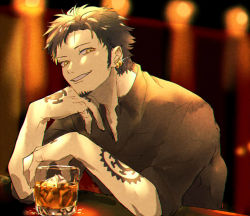 Rule 34 | 1boy, alcohol, arm tattoo, black hair, black shirt, chizuko (chiduk0), cup, drinking glass, earrings, facial hair, glass, grin, hair slicked back, hand on own cheek, hand on own face, hand tattoo, head rest, holding, holding cup, indoors, jewelry, male focus, one piece, shirt, sleeves rolled up, smile, solo, tattoo, trafalgar law, yellow eyes