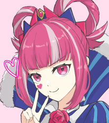 Rule 34 | 1girl, blunt bangs, closed mouth, facial mark, fire emblem, fire emblem engage, flower, hair rings, heart, heart facial mark, highres, hortensia (fire emblem), looking at viewer, multicolored hair, nintendo, pink background, pink eyes, pink hair, red flower, red rose, rose, smile, solo, tea6043, two-tone hair, upper body, v