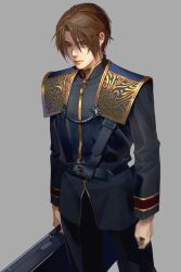 Rule 34 | 1boy, arms at sides, black jacket, black pants, briefcase, brown hair, cowboy shot, final fantasy, final fantasy viii, gold trim, grey background, highres, holding, holding briefcase, jacket, looking at viewer, male focus, military, military uniform, nini tw99, pants, parted bangs, scar, scar on face, scar on forehead, seed uniform (ff8), short hair, solo, squall leonhart, standing, uniform